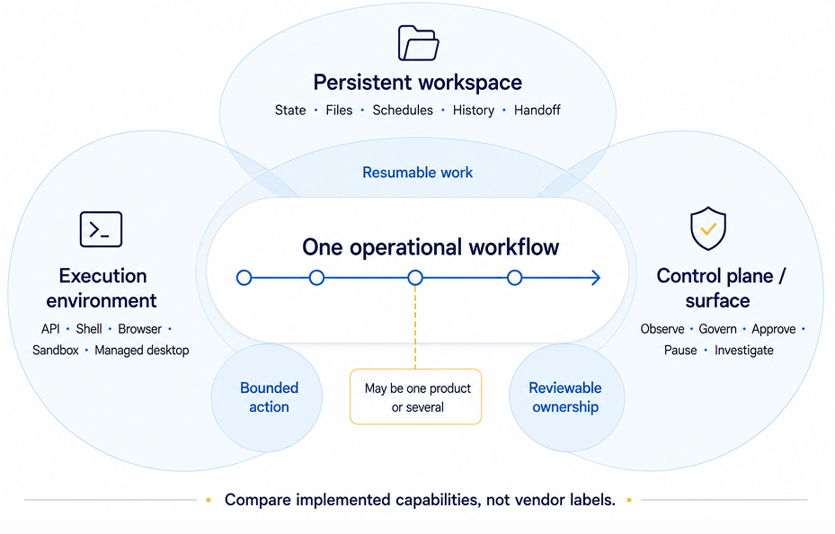 Three overlapping fields show persistent workspace, execution environment, and control plane capabilities surrounding one workflow; products may provide any combination.