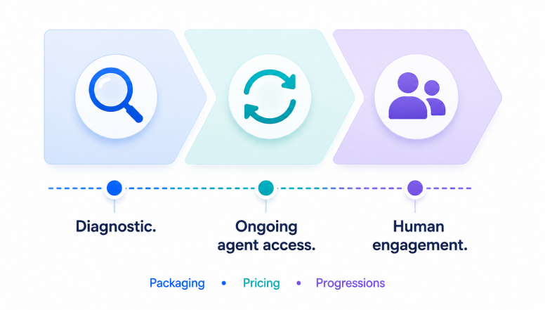 Pricing ladder from diagnostic to ongoing agent access to human engagement