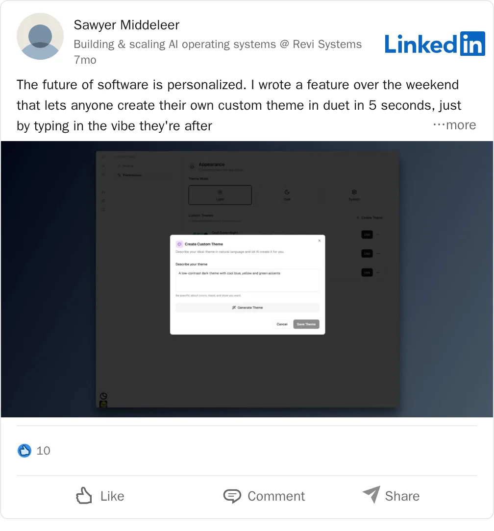 LinkedIn post showing a Duet custom-theme feature